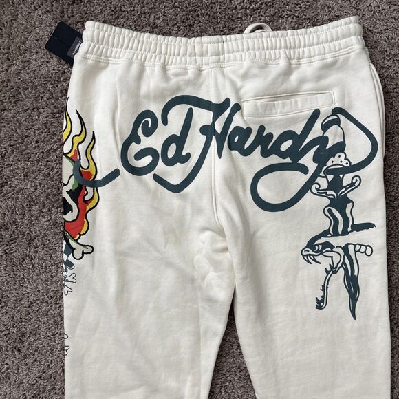 Ed Hardy Men's Size Large Ivory White Fleece Sweats Flaming Skull Hat NWT - Picture 6 of 8